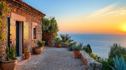 Fototapeta premium Exterior view of a rustic mediterranean house overlooking the sea at sunset.
