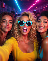 woman influencer taking a group selfie at a party, fun vibe, party lights background in the club with glitter