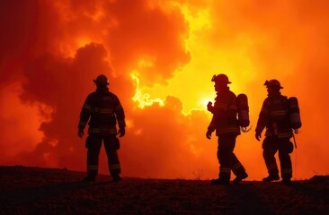Fototapeta premium silhouette of firefighters, after extinguishing the fire, carrying out fire extinguishing duties