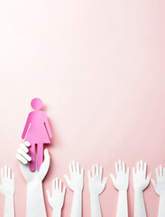 group of paper cut hands and female gender symbol, women rights and female solidarity social movement or gender equality for woman justice, feminism for health and abortion woman's day