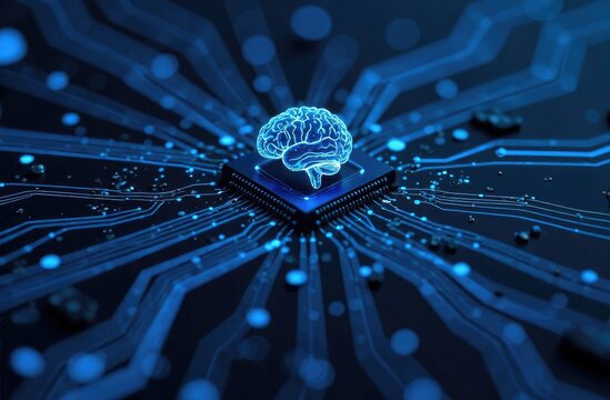 Circuit board with an AI brain icon in the center. A blue and black color theme.