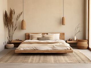 Modern nomadic interior bedroom. Modern tribal interior. Neutral colors and prairie style decor.