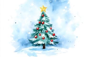 Obraz premium Watercolor illustration of a beautiful christmas tree standing outdoors in the snow