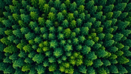 An aerial view of a lush evergreen forest, showcasing a dense canopy of deep green trees. The image creates a calming, natural mood.