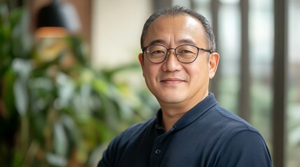 Obraz premium Confident Smiling asian man in Glasses Standing Indoors, in a brightness home or office