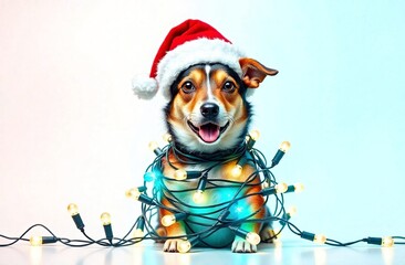 Cute dog wearing red Santa Claus hat. Funny puppy is entangled in garland with light bulbs for a Christmas card. Happy New Year celebration postcard, invitation. Advertising banner. White background