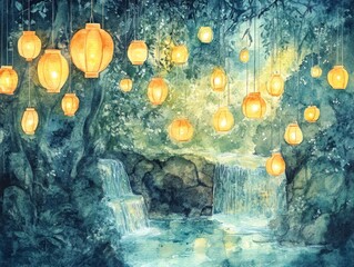 Fototapeta premium Waterfall, lanterns, forest, serene, magical.