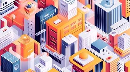 Obraz premium Isometric illustration of a vibrant, colorful cityscape with various buildings and structures.
