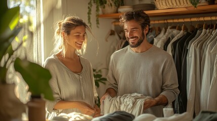 Couple organizing their closet in a minimalist bedroom folding clothes with relaxed smiles bright natural lighting calm and collaborative vibe