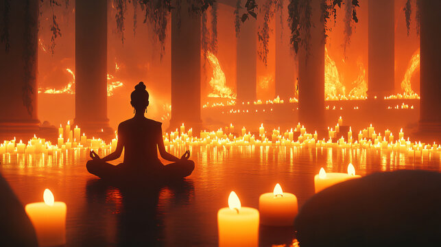 A serene atmosphere with a person meditating surrounded by candles, symbolizing a journey to inner peace.