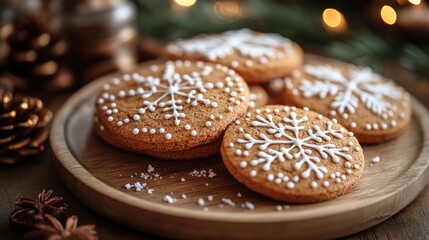 Iced Christmas tree-shaped cookies on wooden platter, festive holiday treats, colorful sprinkles, cozy seasonal decor, sweet baked goods, glowing warm background, joyful scene