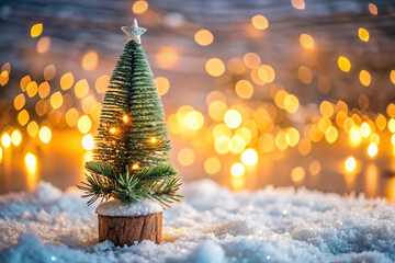 Miniature Christmas tree with lights on snow, bokeh background.