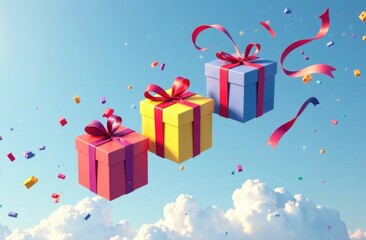 Obraz premium multi-colored boxes with ribbons are flying in the blue sky