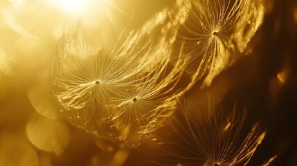 Fototapeta premium A dreamy extreme close-up of dandelion seeds captured mid-flight, illuminated by diffused backlighting, creating a serene and ethereal atmosphere