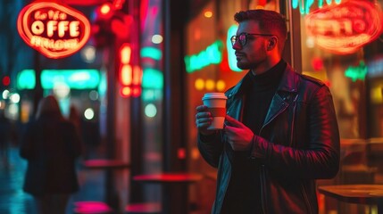 Fototapeta premium Man in a leather jacket holding a coffee cup standing outside a bustling cafe with blurred neon lights evening urban atmosphere
