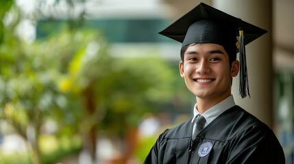 Graduate adjusting their cap and gown while smiling confidently sleek urban university backdrop with natural light focused and professional mood