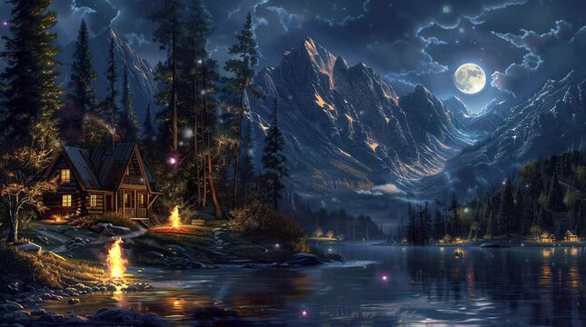Cozy wooden house with bonfire by lake under full moon night in tranquil nature landscape
Seamless looping 4k time-lapse virtual video animation Generated AI