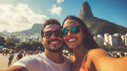 Obraz premium Happy couple taking selfie in Rio de Janeiro, Brazil.