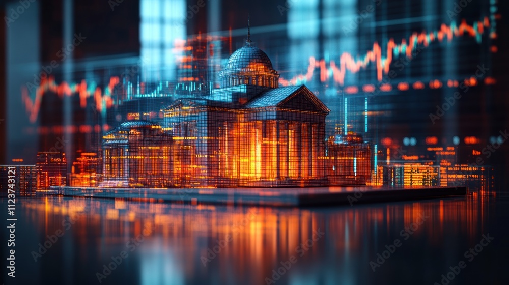 Poster a futuristic building illuminated with data visualizations.