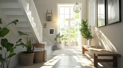 Naklejka premium A bright and welcoming entryway featuring a staircase, bench, and natural light.