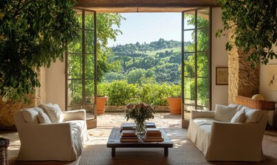 Obraz premium Cozy Living Space with Armchairs and Lush Greenery View