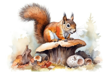 Fototapeta premium illustration of a squirrel sitting on a large mushroom. The squirrel has a fluffy red tail and expressive black eyes. She looks wary, looking around carefully. 