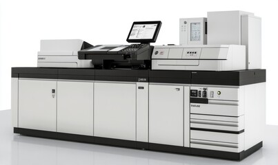 A photo copier machine that has a large top mounted document feeder. Feeder assembly can hold about 500 sheets at one time.