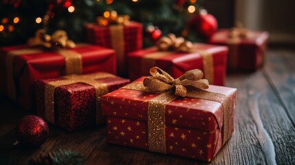 Row of red and gold Christmas presents under a decorated tree with lights indoors, capturing festive holiday joy, seasonal charm, and warm celebratory atmosphere.