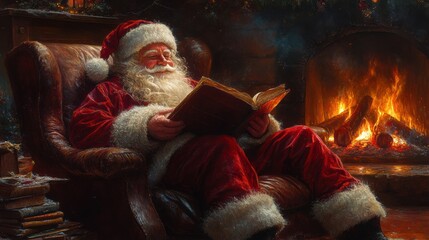 Santa Claus reading wish list by fireplace, cozy Christmas evening scene, holiday warmth, glowing firelight, festive tradition, joyful atmosphere, nostalgic seasonal charm, merry decor.