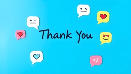 Thank You! Colorful speech bubbles with emojis express gratitude on a bright blue background. A positive and appreciative message.