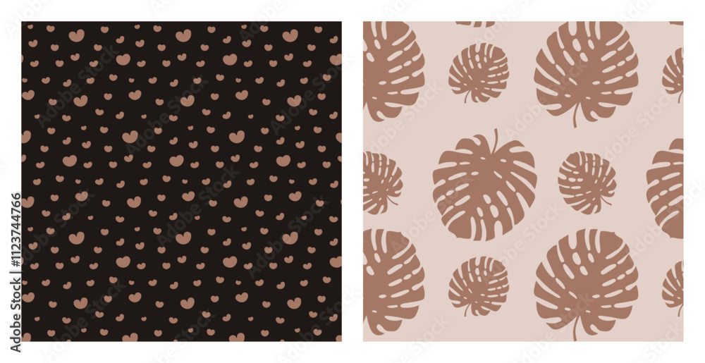 Aufkleber Collage contemporary tropical leaves and heart shapes seamless pattern set. Vector print in trendy Mocha Mousse color of the year 2025.