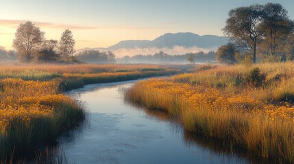 Fototapeta premium Serene Morning Landscape with Vibrant Yellow Wildflowers and Calm River Flowing Through a Misty Meadow at Sunrise in a Peaceful Nature Setting