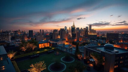 Fototapeta premium A modern apartment with a rooftop garden, located on the top floor of a luxurious condominium complex, urban, building