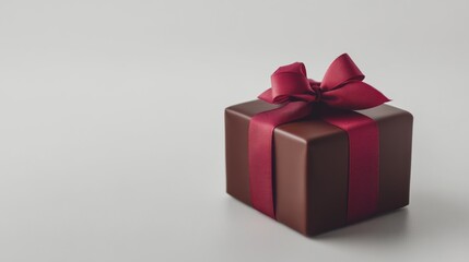Obraz premium Small brown gift box adorned with a red ribbon sits on a light surface showcasing a minimalist design