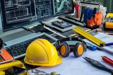 Fototapeta premium Construction Tools and Blueprint with Safety Gear and Steel Pipes