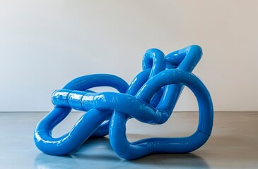 A sculptural piece,  glossy blue tubular forms intertwined in an abstract pattern, creating a...