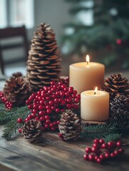 Festive Christmas centerpiece with pinecones, red berries, and candles on a rustic table, cozy holiday ambiance, seasonal natural decor inspiration, warm winter scene.