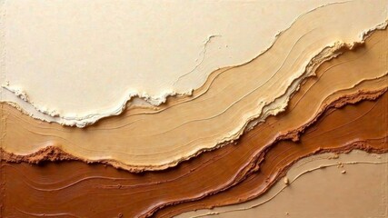 Fototapeta premium Closeup of abstract rough colorful beige brown complementary colors art painting texture background wallpaper, with oil or acrylic brushstroke waves, pallet knife paint on canvas