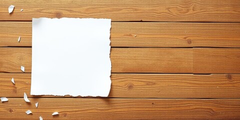 Naklejka premium Multiple pieces of white paper with torn edges scattered on a wooden surface, creating a textured background for adding text or graphics, marketing, wooden, surface