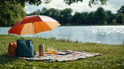 Rainy day picnic by the lake, under an umbrella.