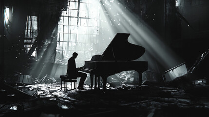 A shadowed figure at a piano, surrounded by debris and soft light filtering through factory windows.