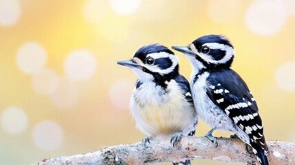 Obraz premium Two black and white birds perch atop a tree limb, framed by a golden halo