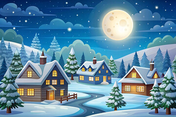 Fototapeta premium Snowy village night scene with full moon, cozy houses, and snow-covered trees.