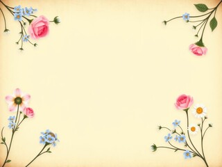 Obraz premium Vintage wallpaper with a delicate floral pattern featuring roses, daisies, and forget-me-nots in soft, pastel colors, forget-me-nots, retro, vintage