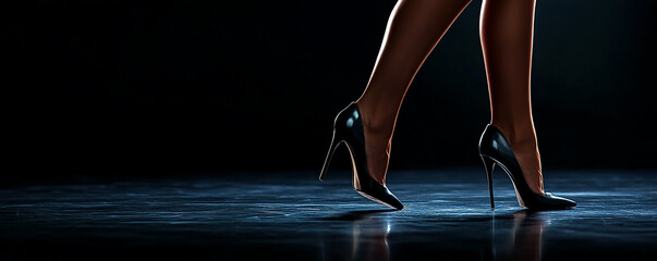 Elegant heels highlight a poised walk across a polished floor in a low-lit setting at night