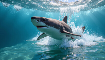 Naklejka premium Dynamic underwater shot of a baby shark breaching the surface and creating splashes in clear blue waters