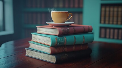 Naklejka premium A table with books and coffee stacked on top
