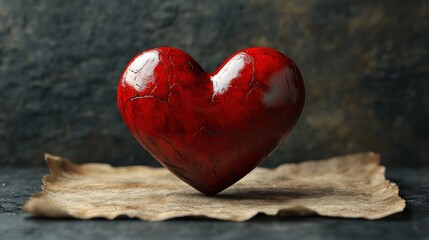 Fototapeta premium A glossy red heart sculpture resting on textured paper.