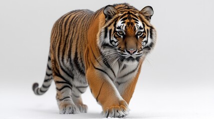 Obraz premium Majestic tiger walking towards the camera on a white background.