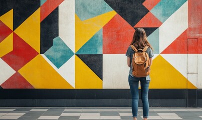 Female student stands against an abstract geometric wall design